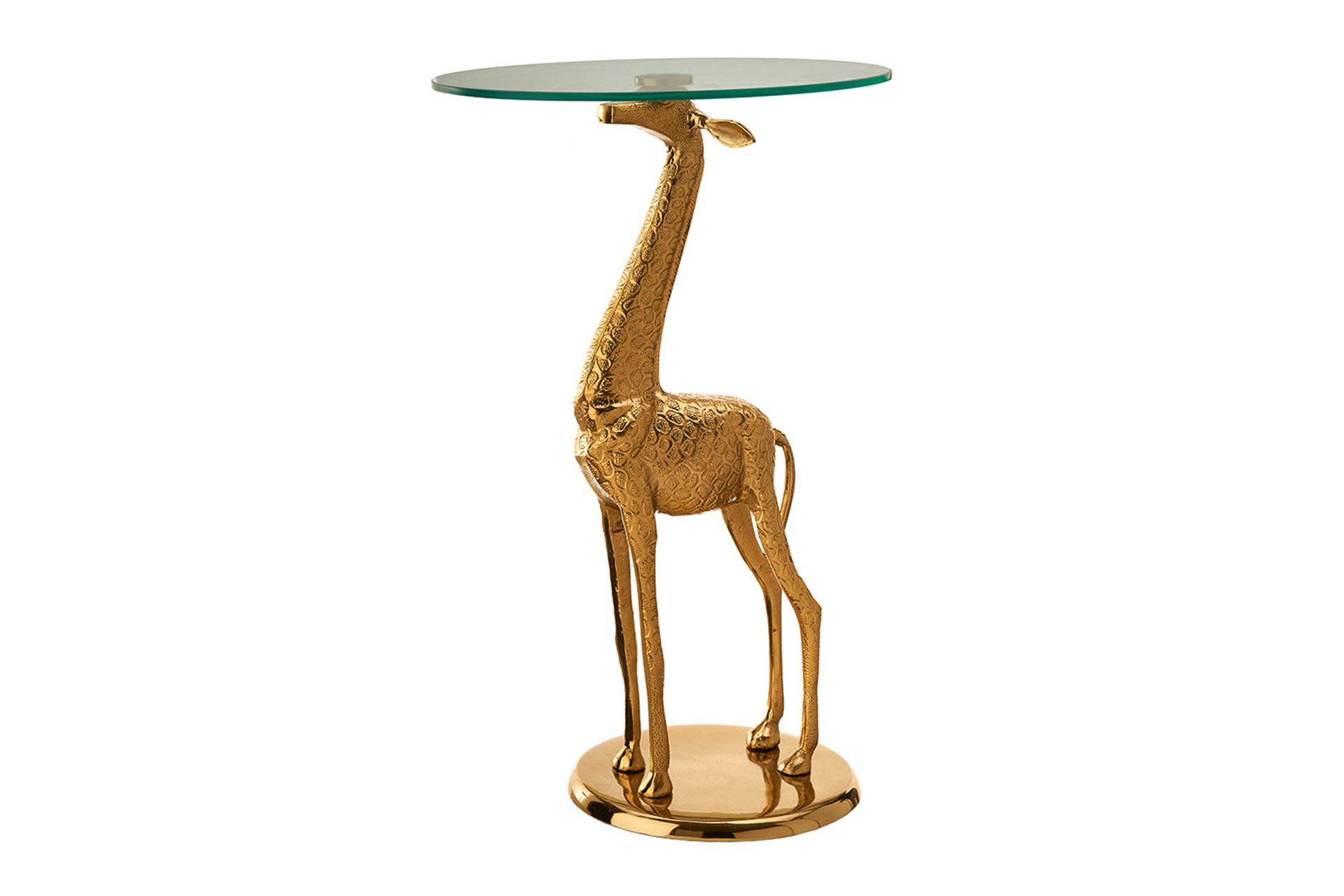 Die Glasplatte des Beistelltisches von Pols Potten wird von einer vergoldeten Giraffe auf dem Kopf balanciert. polspotten.nl​​​​​​​