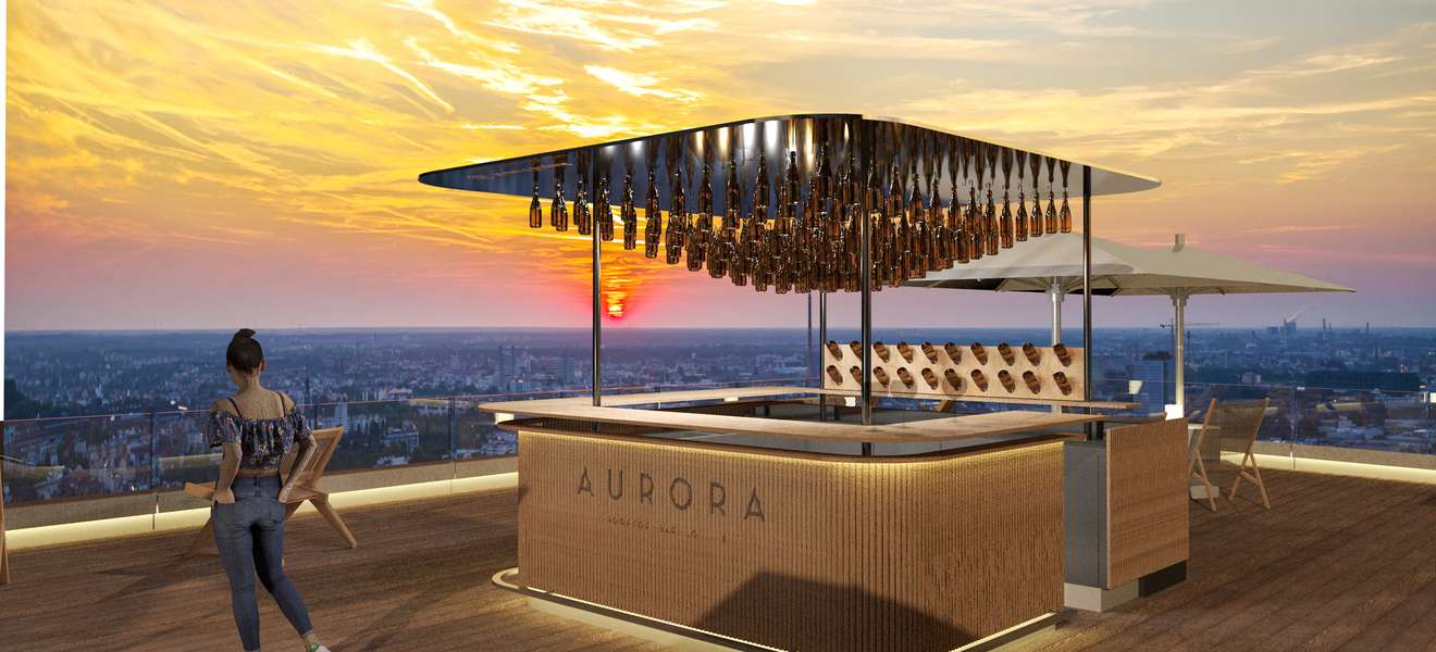 Die zukünftige Rooftop-Bar mit atemberaubendem Bilck über die Stadt. 