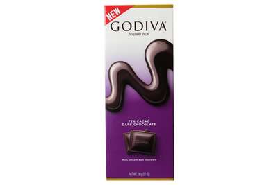 7. Platz (90*) Godiva Dark Chocolate, 72 % Kakao € 6,49 für 90 g (Kilopreis: € 72,11) Meinl am Graben Schöne Bruchkante und schöner Glanz. Feine Röstaromen und elegante Kakaonase. Eher harter Biss, am Gaumen komplex, starke Kakaonote, schöner Sch