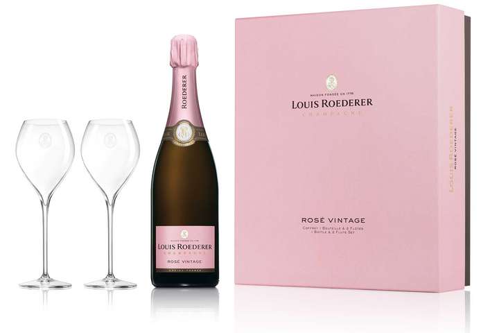 Louis Roederer Rosé Champagner Vintage mit zwei Flutes