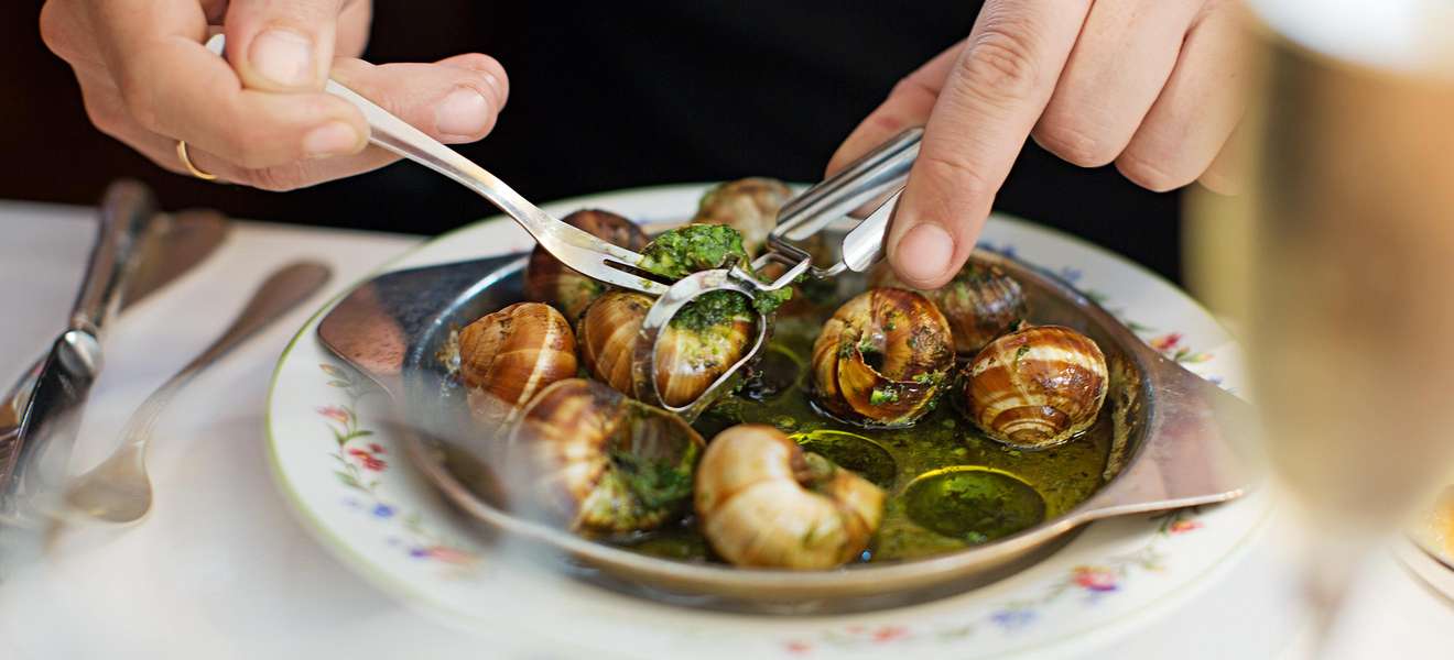 Schnecken in geschmolzener Petersilienbutter sind ein Klassiker der Brasserieküche (hier im »Benoit« in Paris).