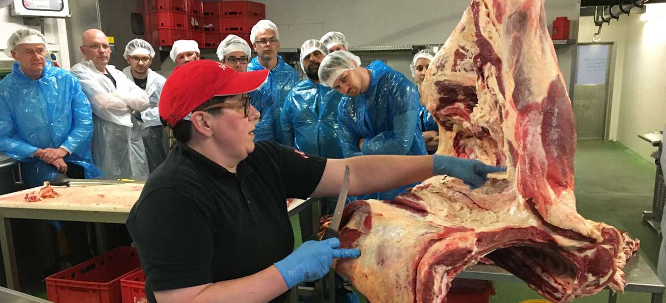 Fleischermeisterin Doris Steiner gibt eine Einführung in die Anatomie des Rindes.