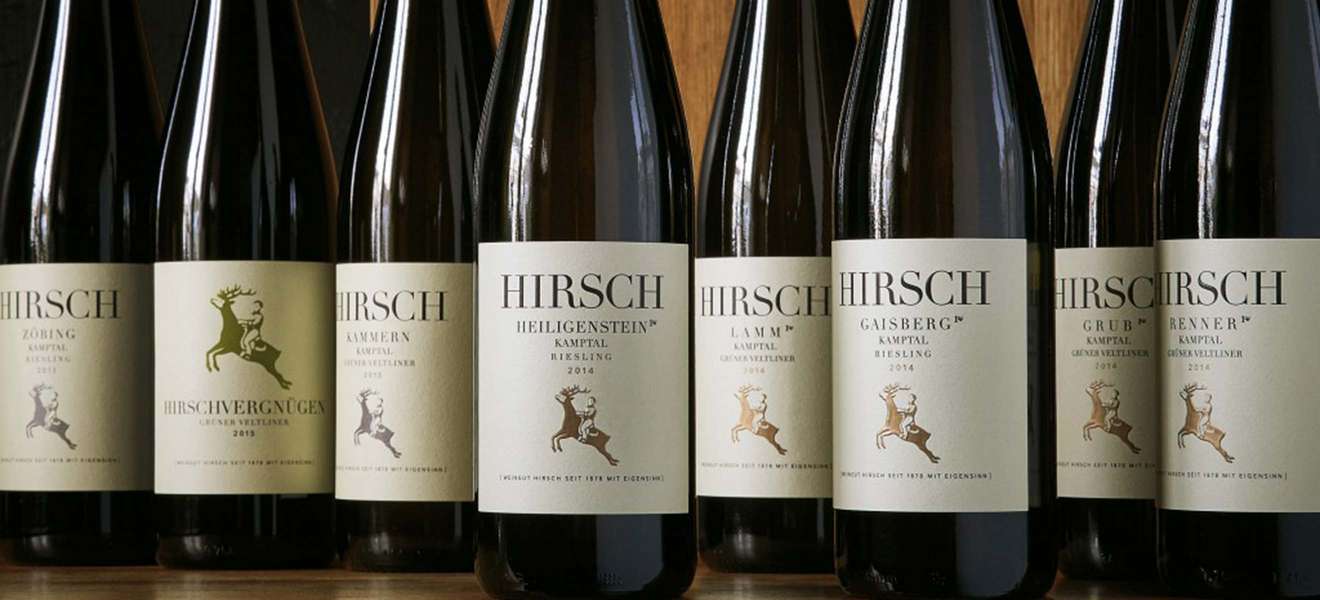 Puristische Etiketten mit klaren Formen für das Weingut Hirsch