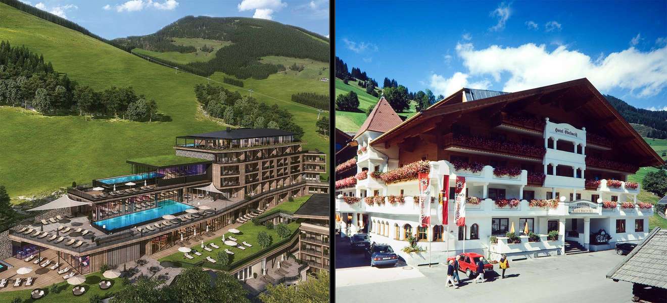 Das moderne Mountain-Resort versus dem vorherigen Alpenbauernhof.