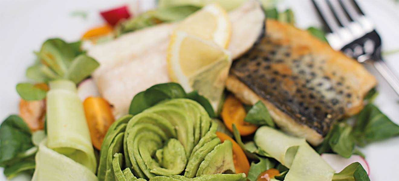 Knuspriges Fischfilet auf Salatbett mit fruchtigem Marillen-Dressing