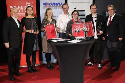 Die Sieger des Grand Prix für junge Rotweine (Jahrgang 2016): Die Rennersistas für Cuvée, Rotweingut Iby für Blaufränkisch und Ferry Schindler für Zweigelt. Flankiert von Wolfgang Rosam und Peter Moser.
